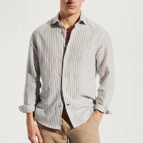 Mango Man Slim Fit Striped Linen Shirt Khaki size large - Picture 1 of 7
